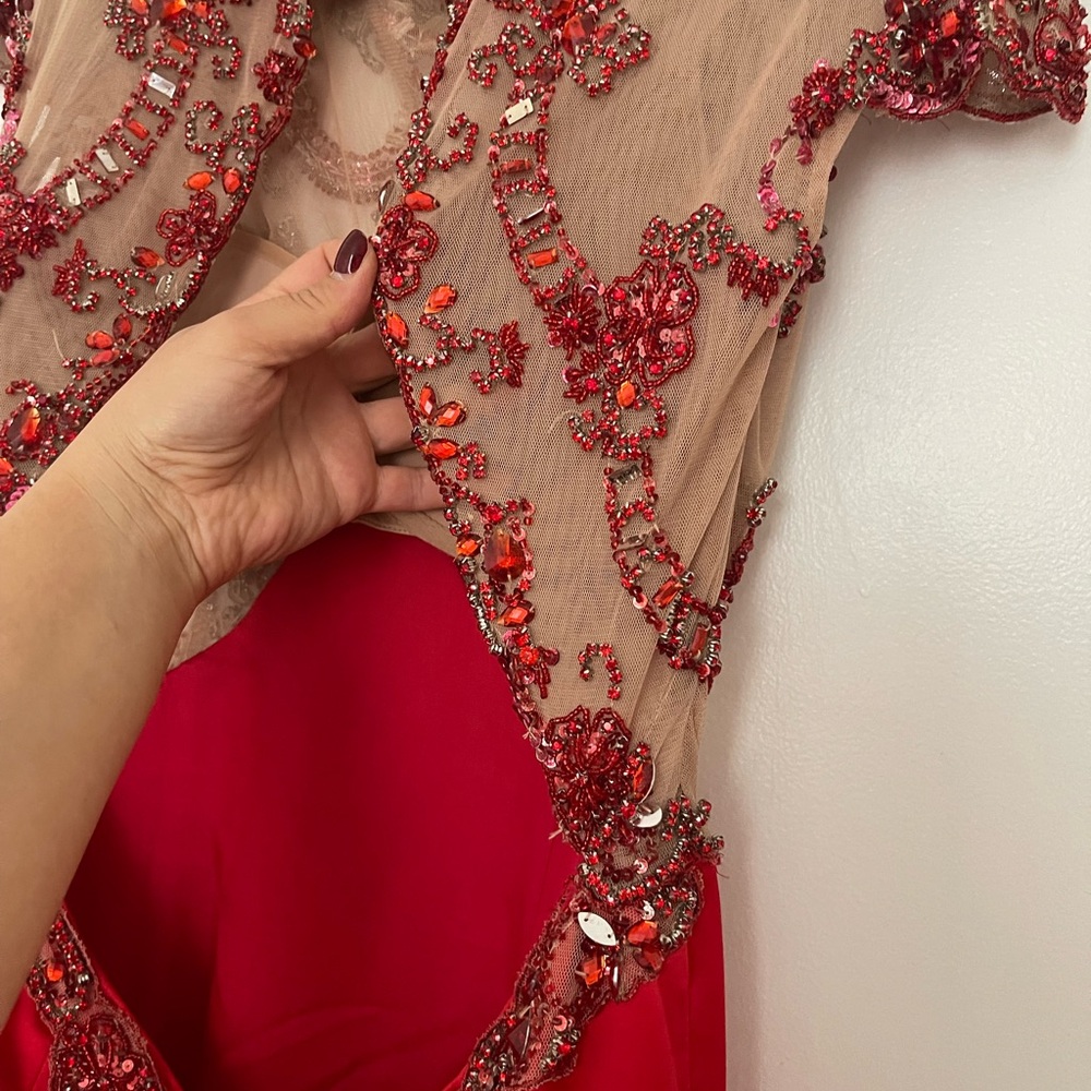 Sherri Hill Red Backless Dress with Embellished Details